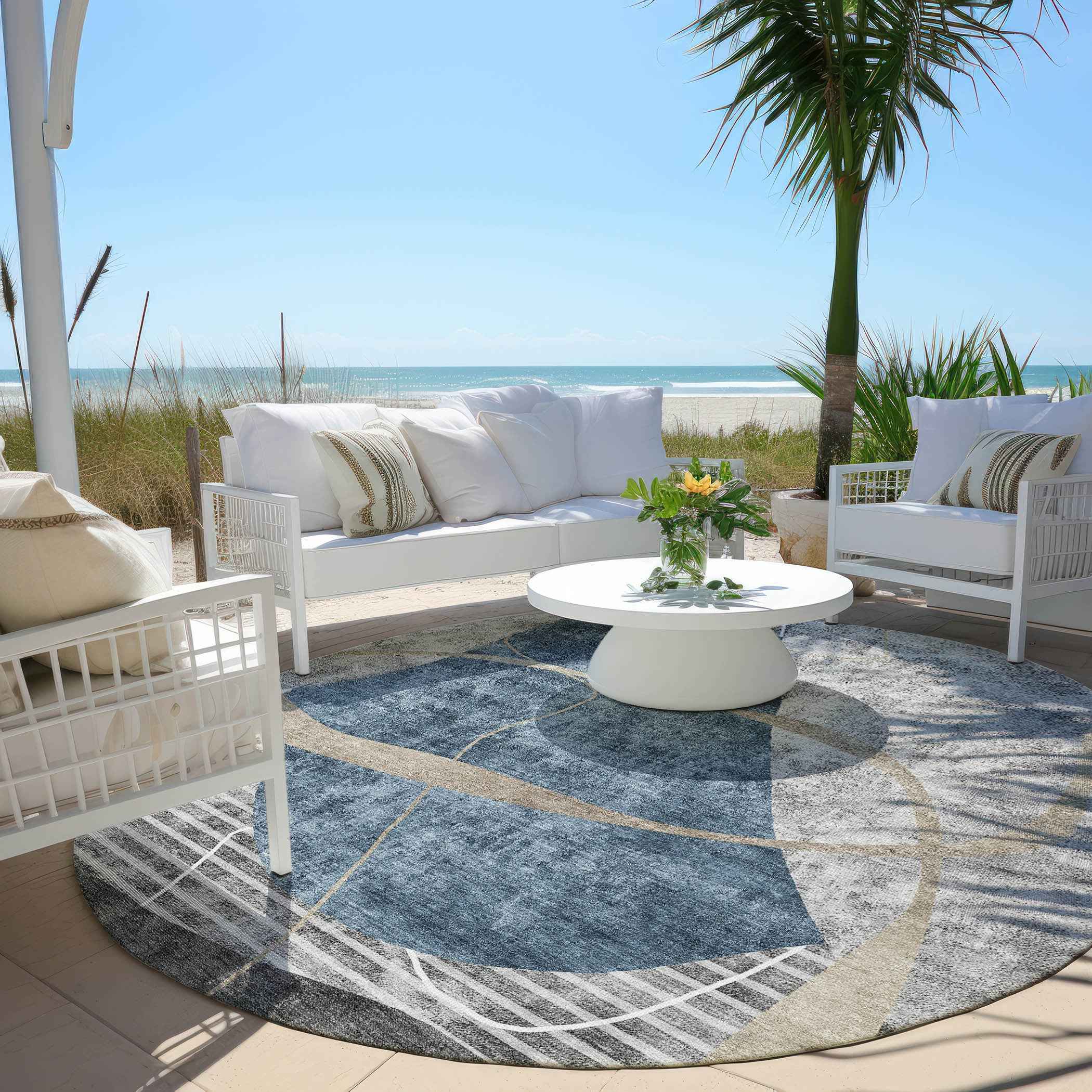8' Blue Gray And Charcoal Round Abstract Washable Indoor Outdoor Area Rug