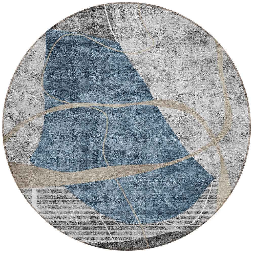 8' Blue Gray And Charcoal Round Abstract Washable Indoor Outdoor Area Rug