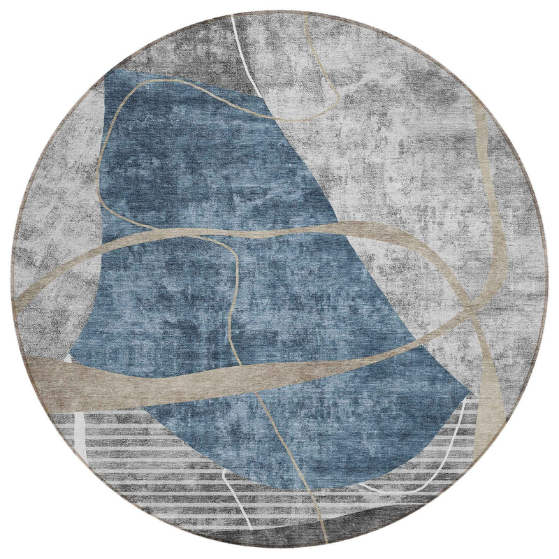 8' Blue Gray And Charcoal Round Abstract Washable Indoor Outdoor Area Rug