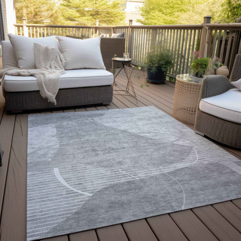 9' X 12' Gray Silver And Ivory Abstract Washable Indoor Outdoor Area Rug