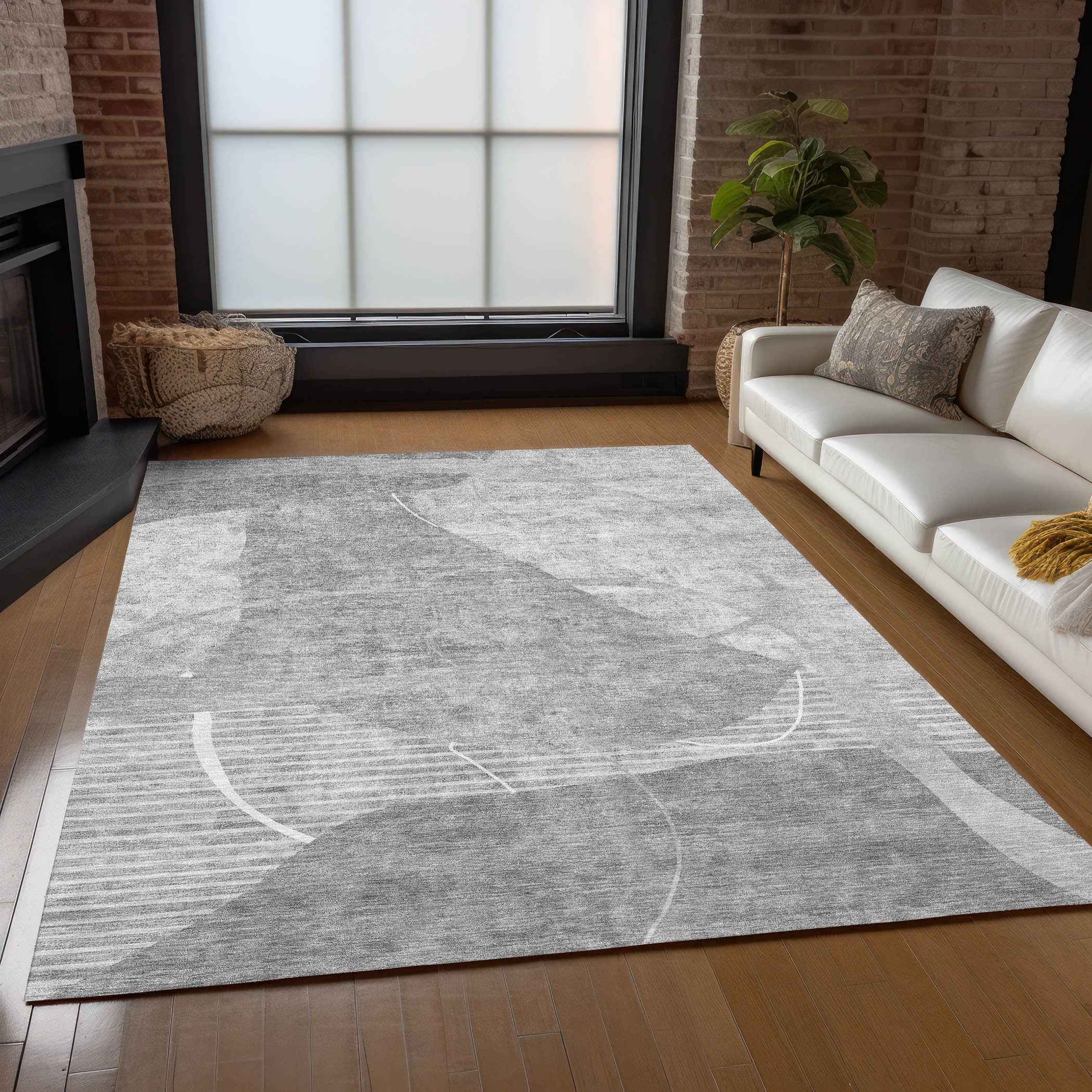 9' X 12' Gray Silver And Ivory Abstract Washable Indoor Outdoor Area Rug