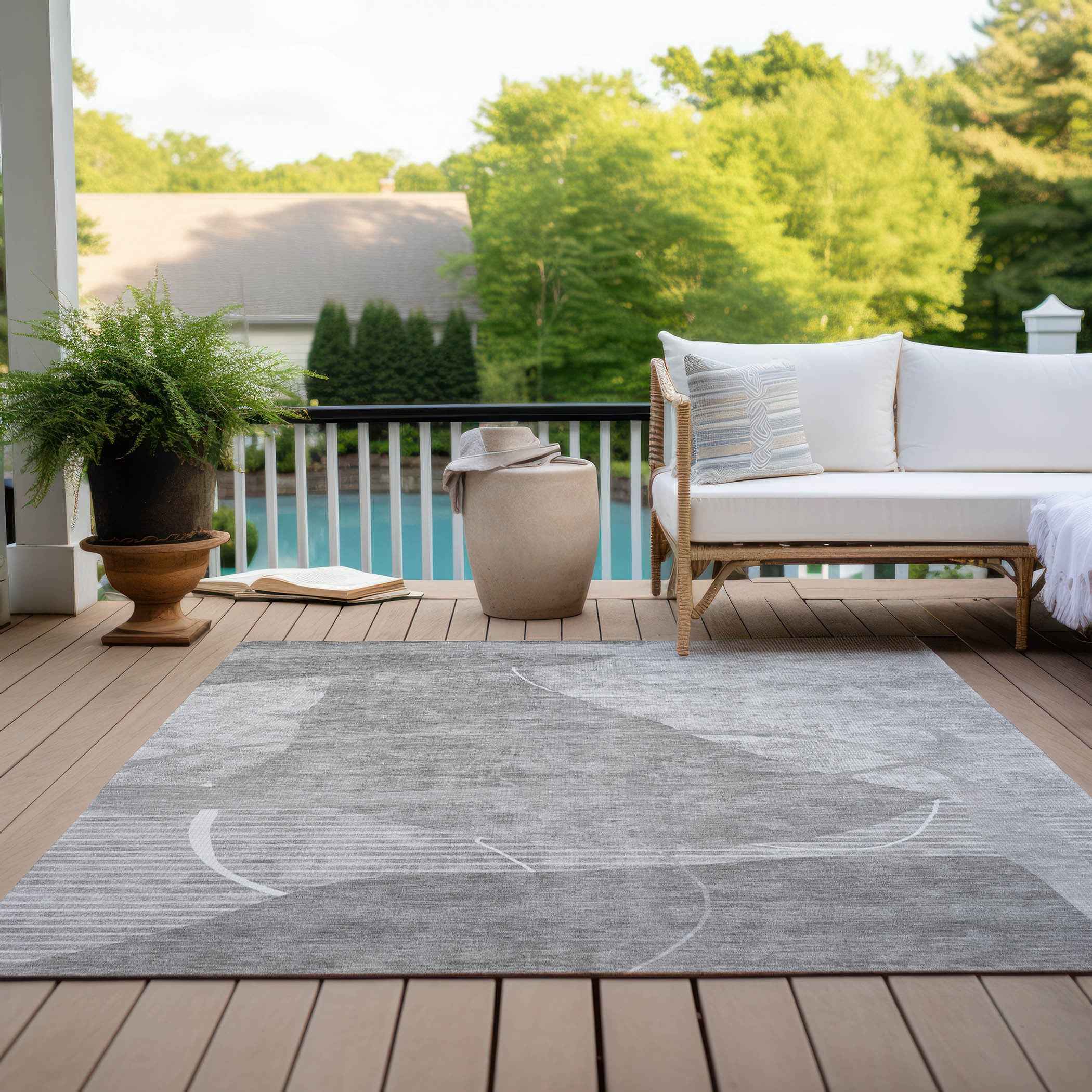 9' X 12' Gray Silver And Ivory Abstract Washable Indoor Outdoor Area Rug