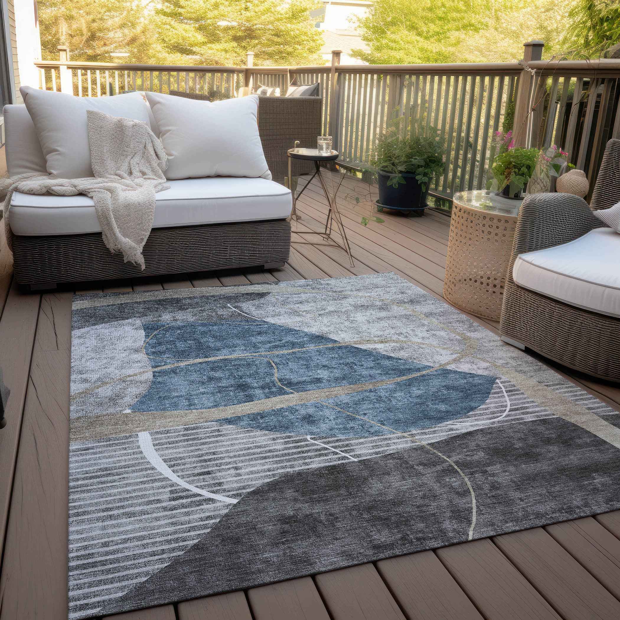 3' X 5' Blue Gray And Charcoal Abstract Washable Indoor Outdoor Area Rug