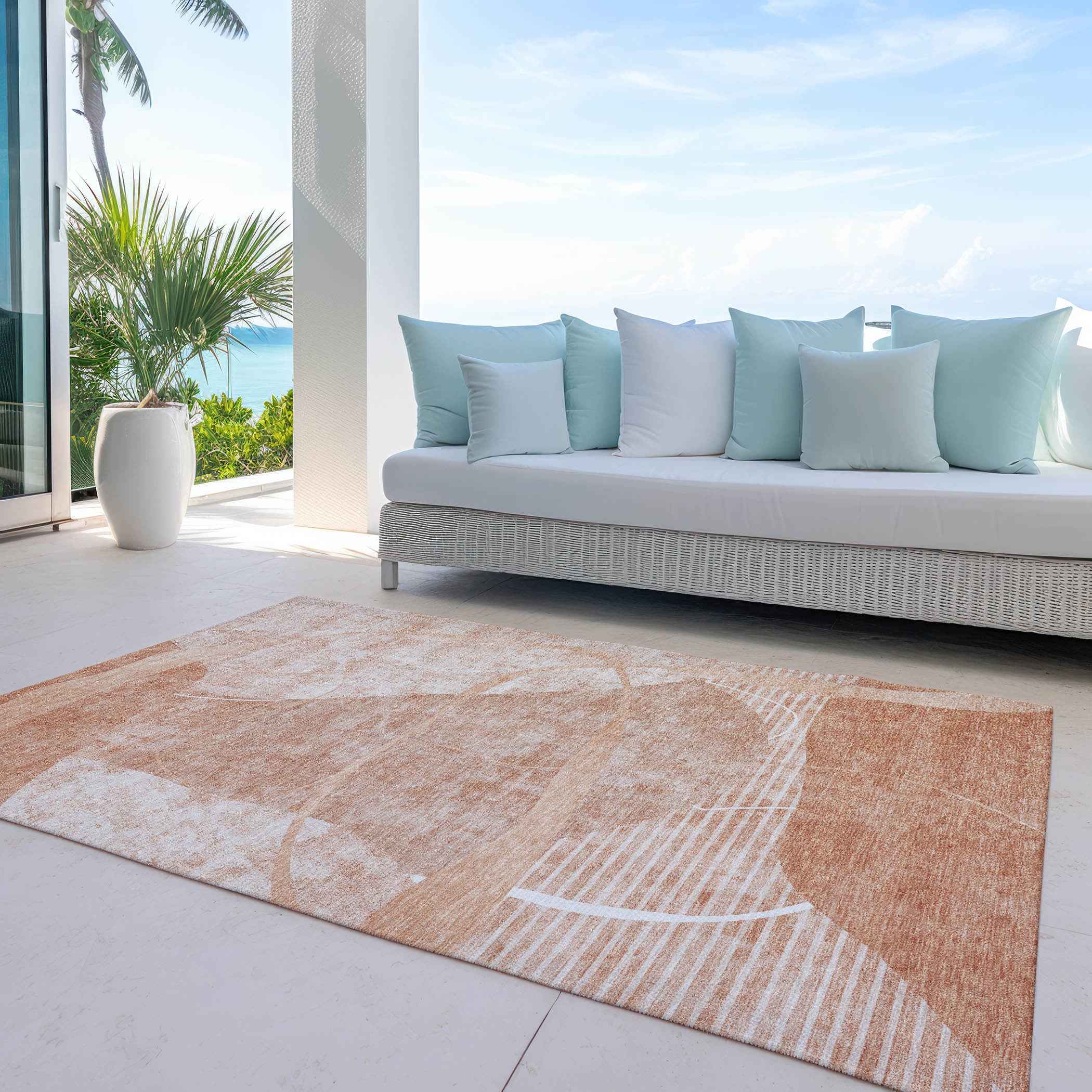 9' X 12' Salmon Copper And Ivory Abstract Washable Indoor Outdoor Area Rug