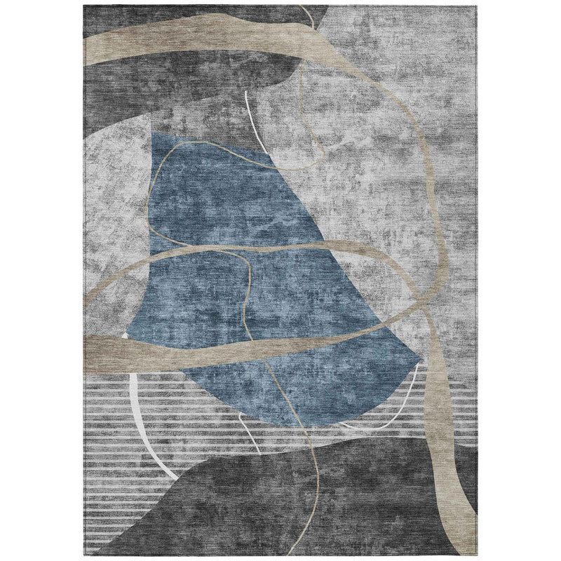 8' X 10' Blue Gray And Charcoal Abstract Washable Indoor Outdoor Area Rug