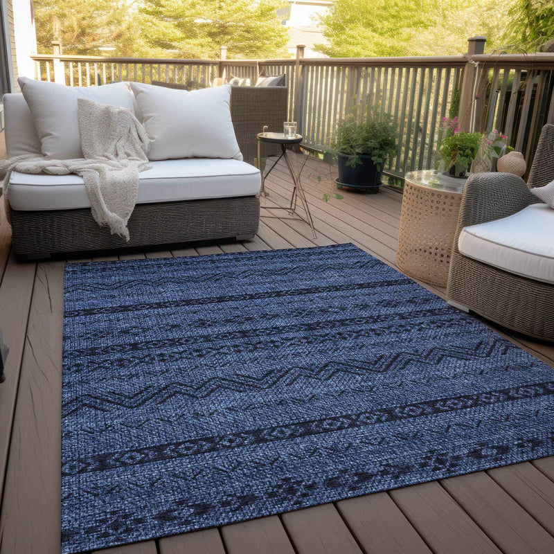 8' X 10' Navy Blue And Black Southwestern Washable Indoor Outdoor Area Rug