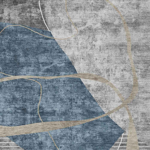 5' X 8' Blue Gray And Charcoal Abstract Washable Indoor Outdoor Area Rug