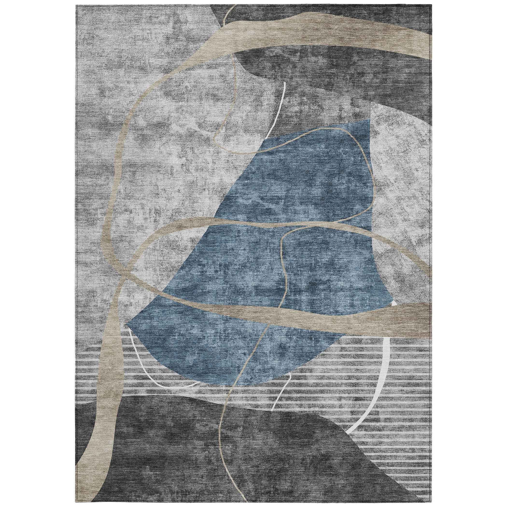5' X 8' Blue Gray And Charcoal Abstract Washable Indoor Outdoor Area Rug