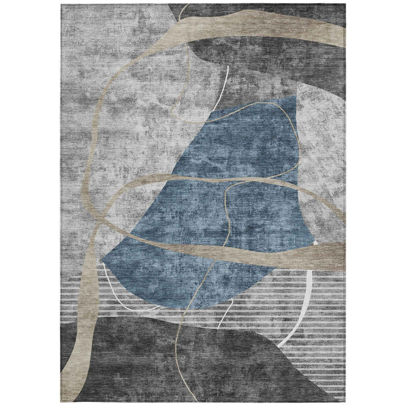 5' X 8' Blue Gray And Charcoal Abstract Washable Indoor Outdoor Area Rug