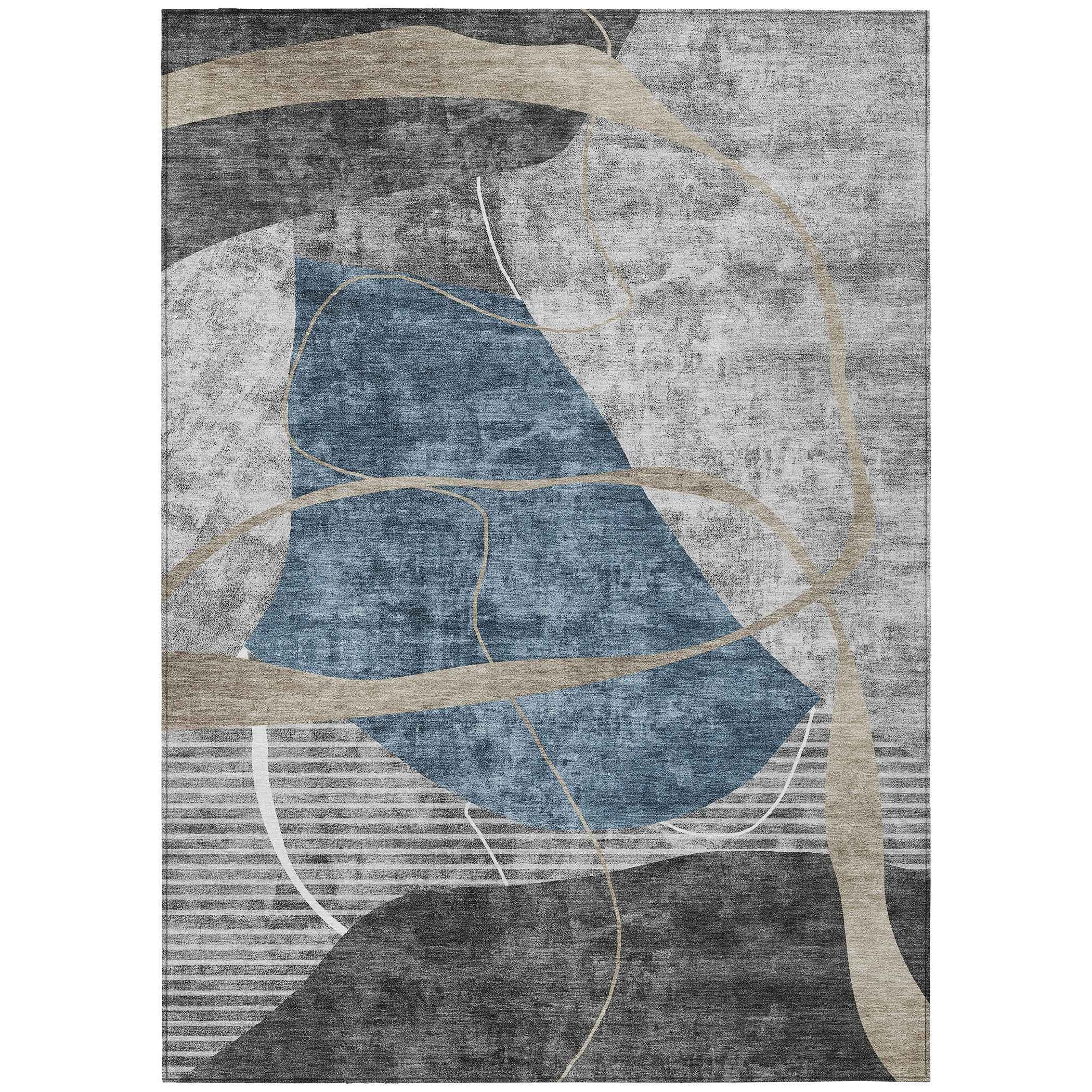 5' X 8' Blue Gray And Charcoal Abstract Washable Indoor Outdoor Area Rug