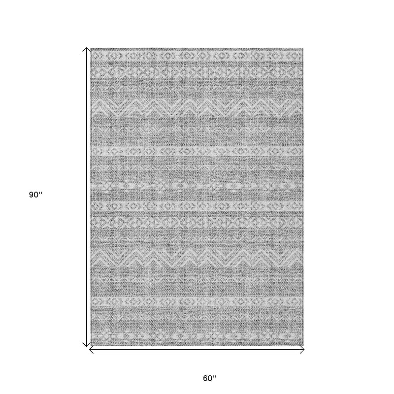 5' X 8' Gray And Silver Southwestern Washable Indoor Outdoor Area Rug