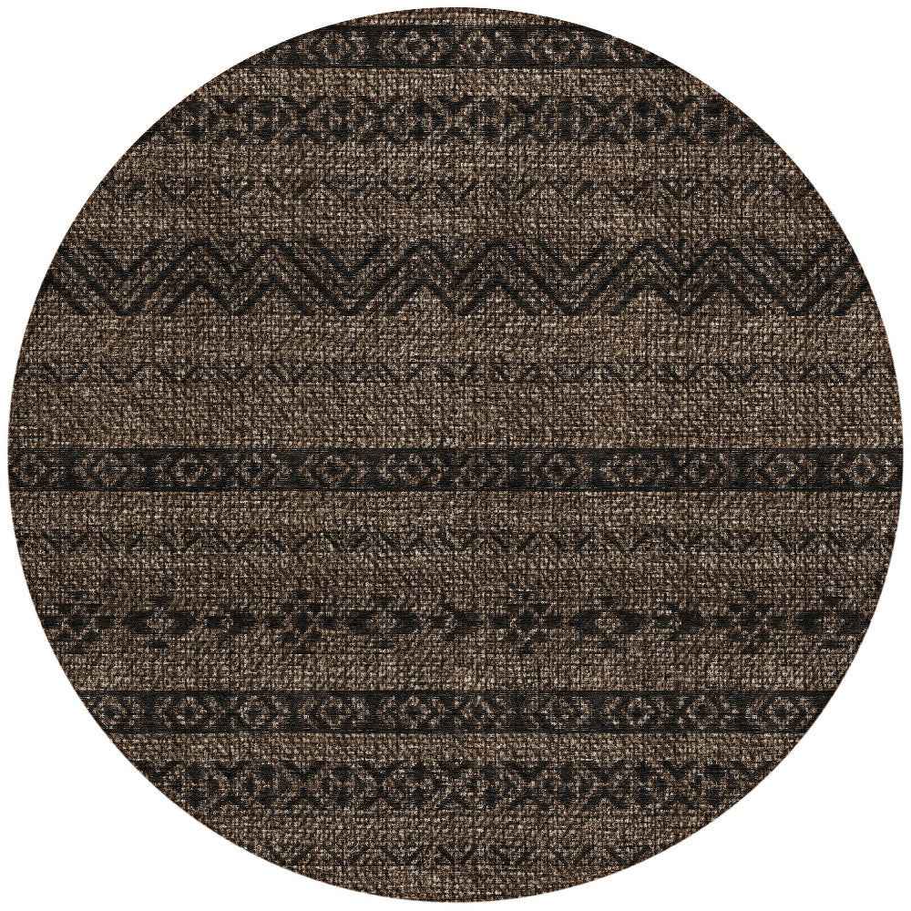 8' Chocolate And Brown Round Southwestern Washable Indoor Outdoor Area Rug