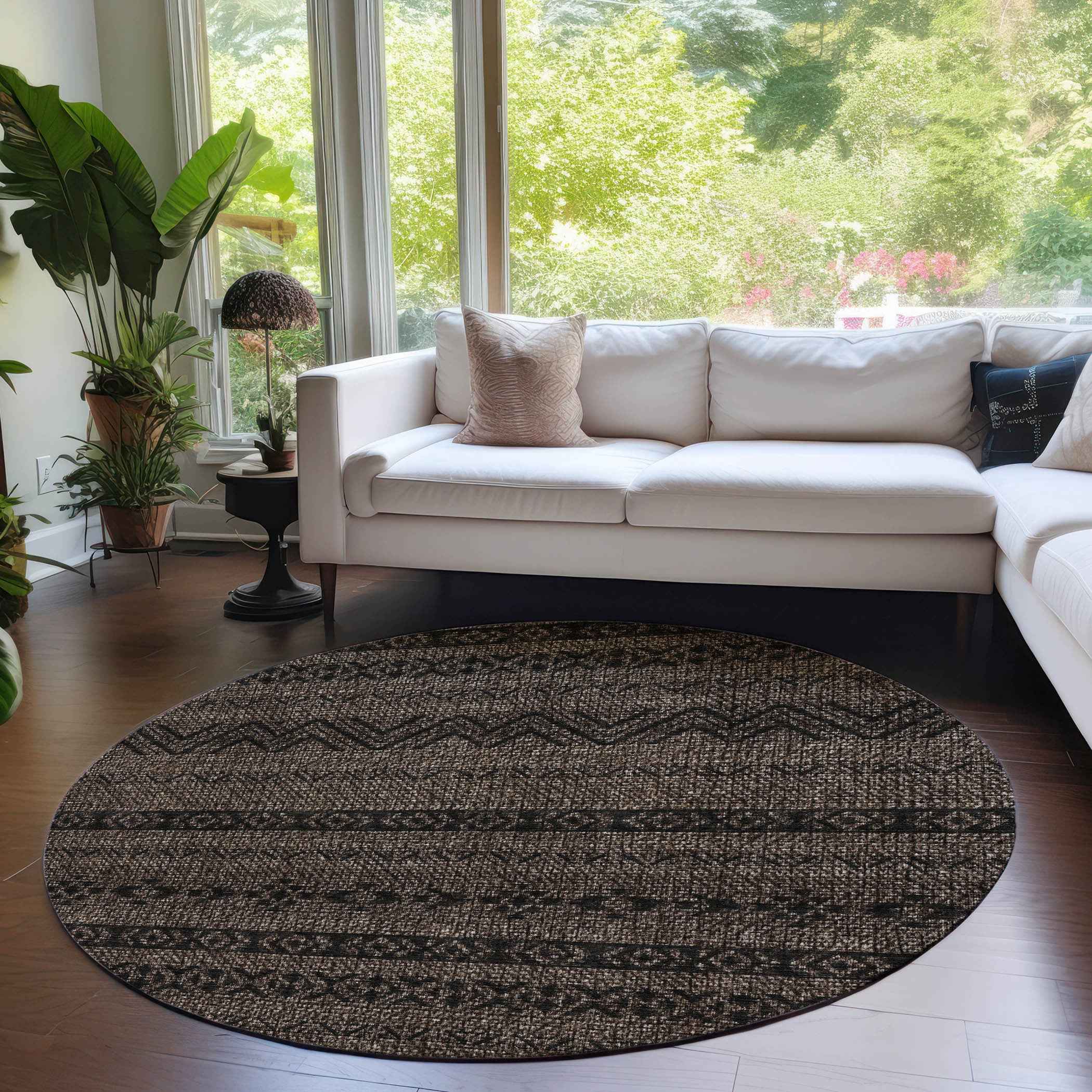 8' Chocolate And Brown Round Southwestern Washable Indoor Outdoor Area Rug