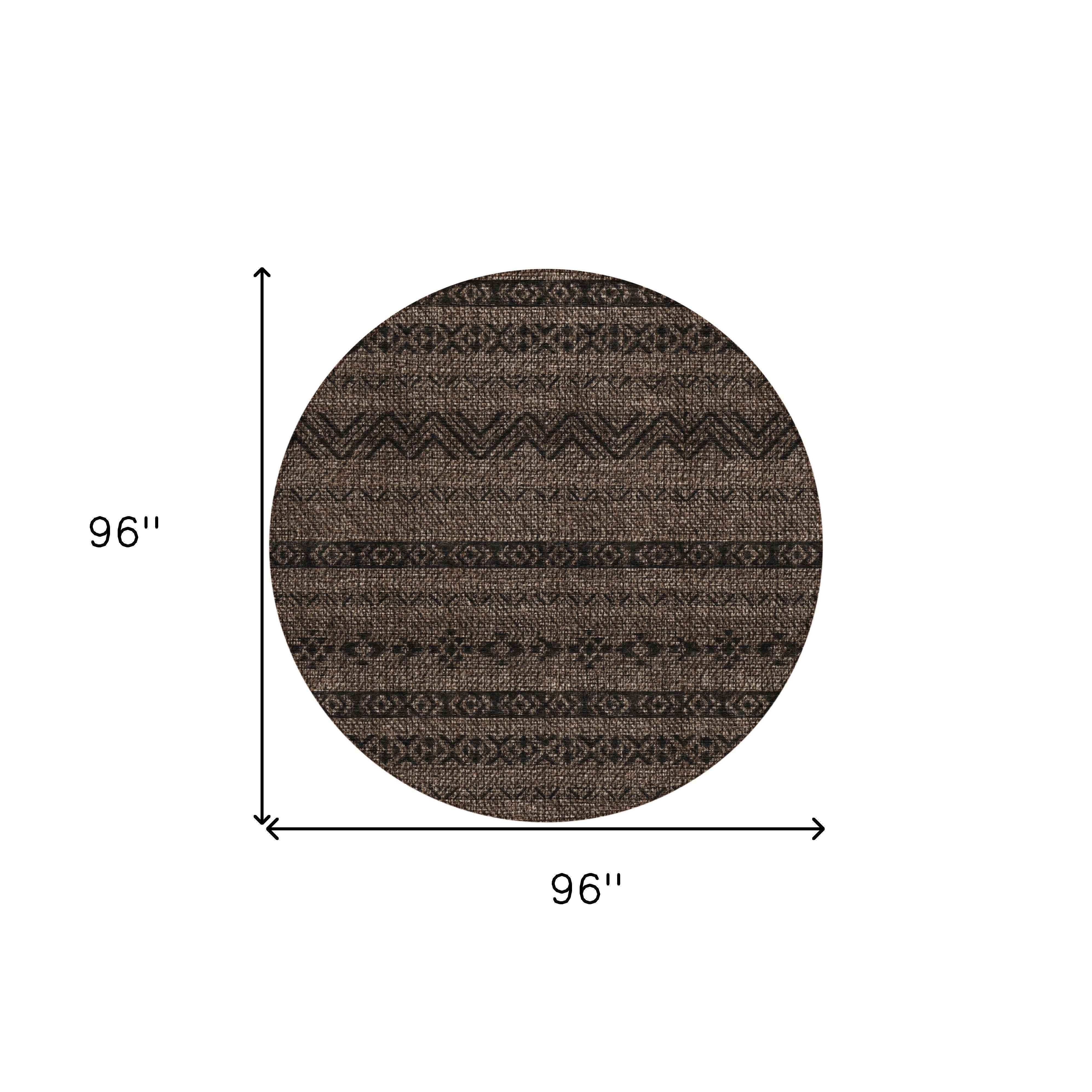 8' Chocolate And Brown Round Southwestern Washable Indoor Outdoor Area Rug