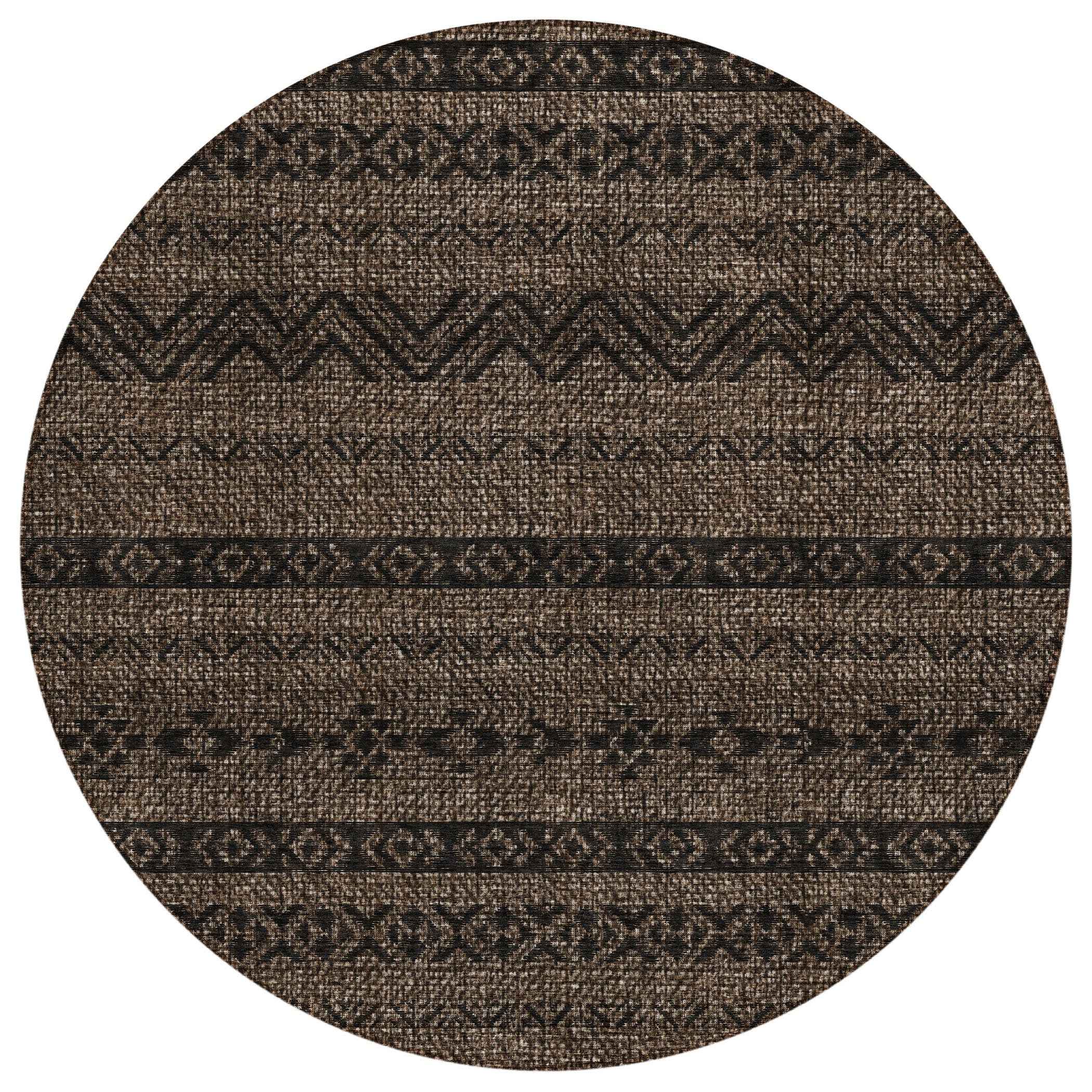 8' Chocolate And Brown Round Southwestern Washable Indoor Outdoor Area Rug