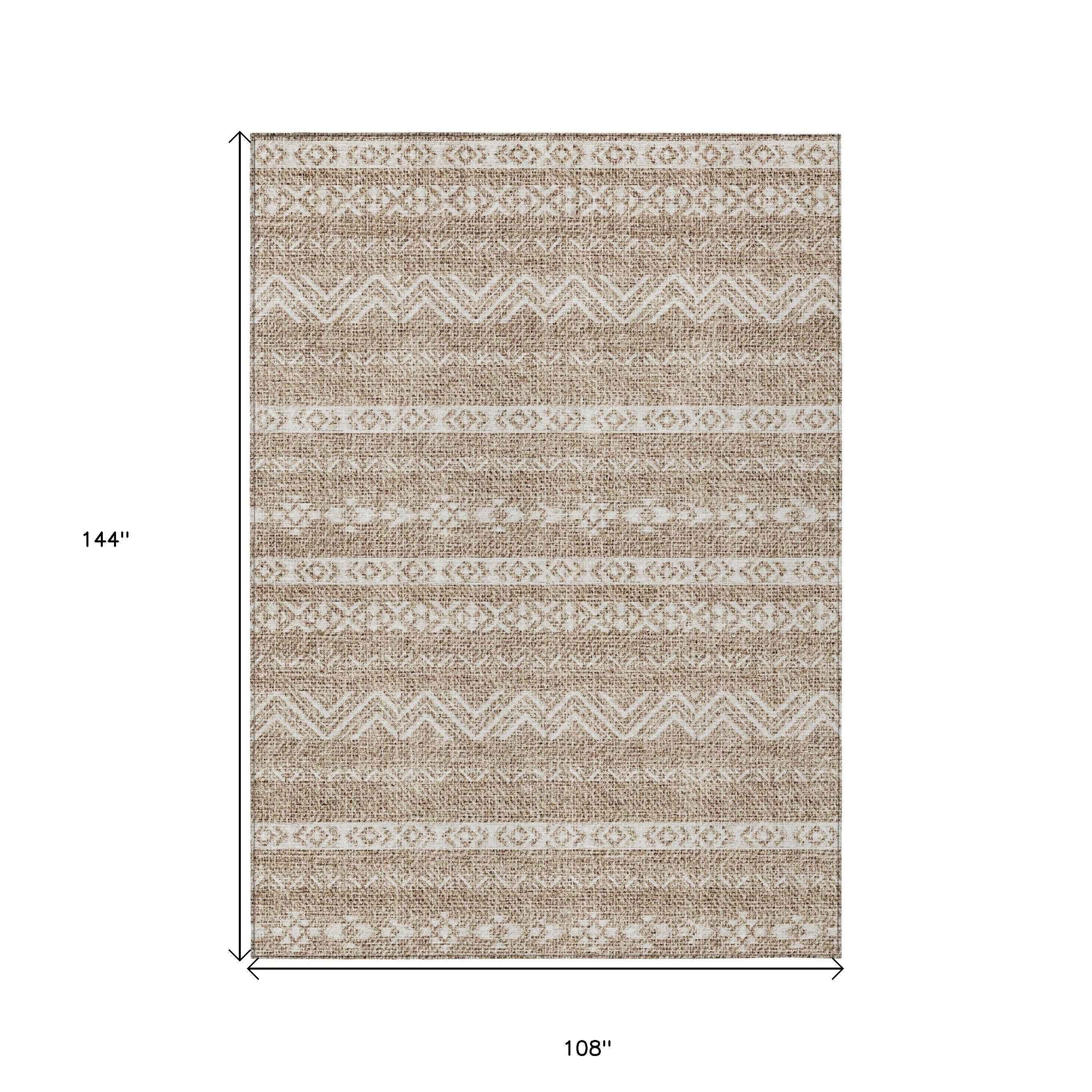 9' X 12' Brown And Beige Southwestern Washable Indoor Outdoor Area Rug