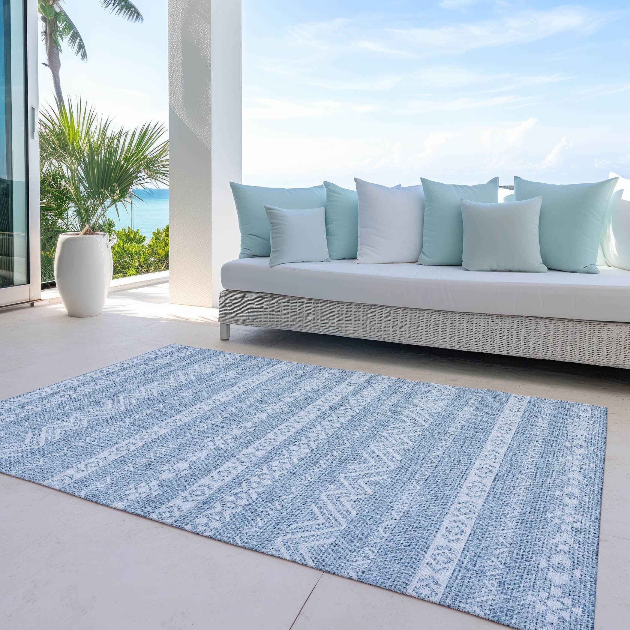 8' X 10' Blue And Denim Blue Southwestern Washable Indoor Outdoor Area Rug