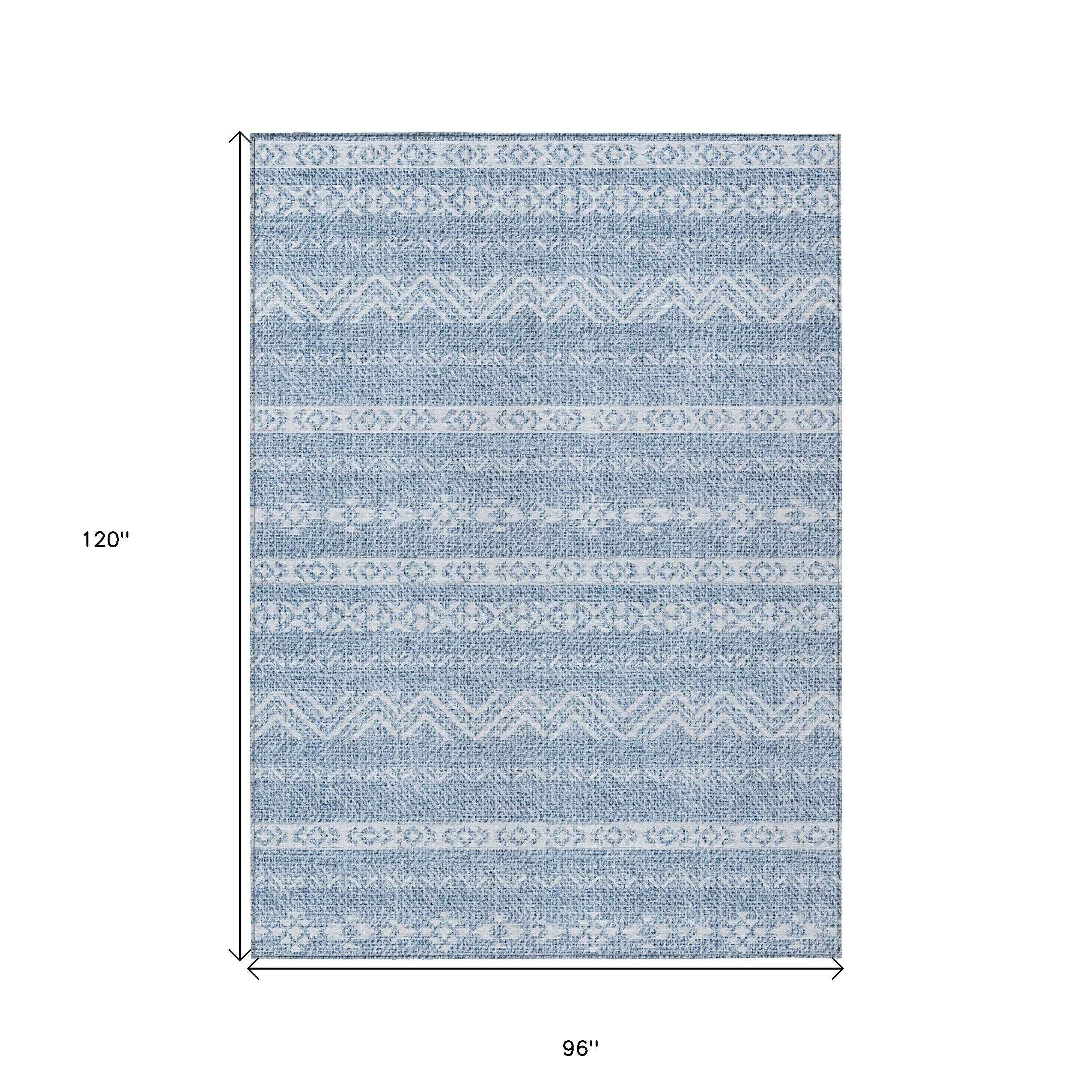 8' X 10' Blue And Denim Blue Southwestern Washable Indoor Outdoor Area Rug