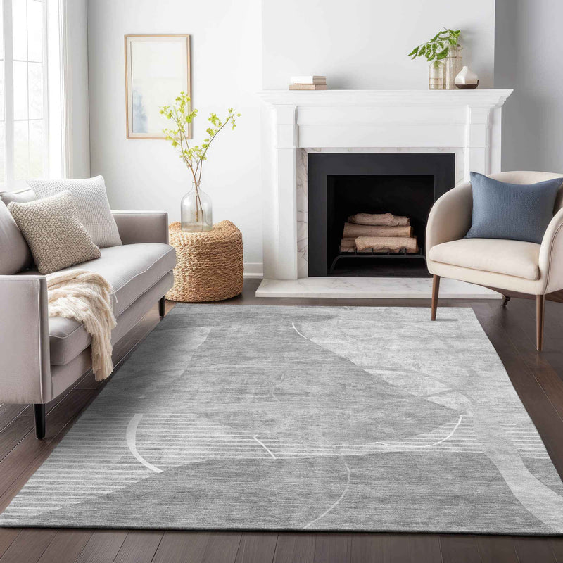 3' X 5' Gray Silver And Ivory Abstract Washable Indoor Outdoor Area Rug