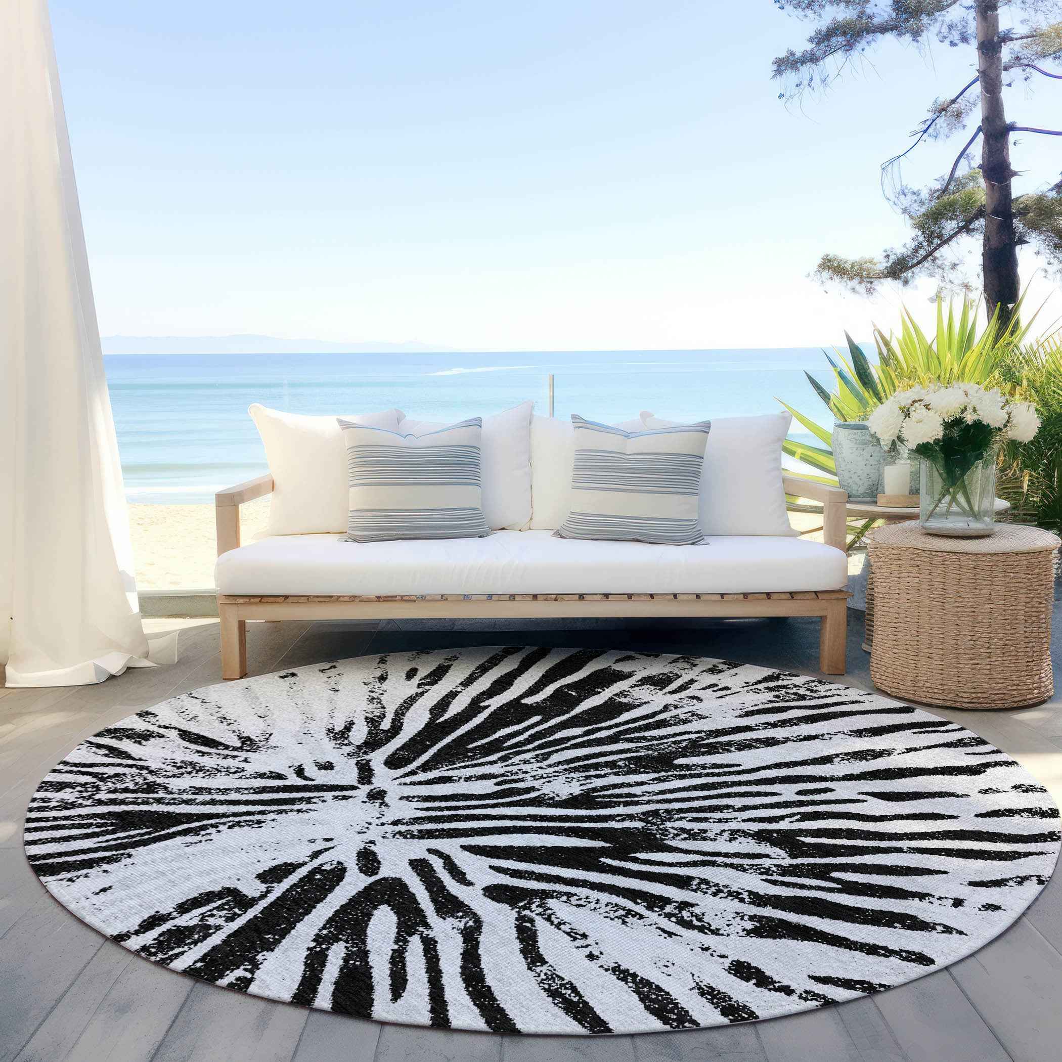 8' Ivory Black And Gray Round Abstract Washable Indoor Outdoor Area Rug