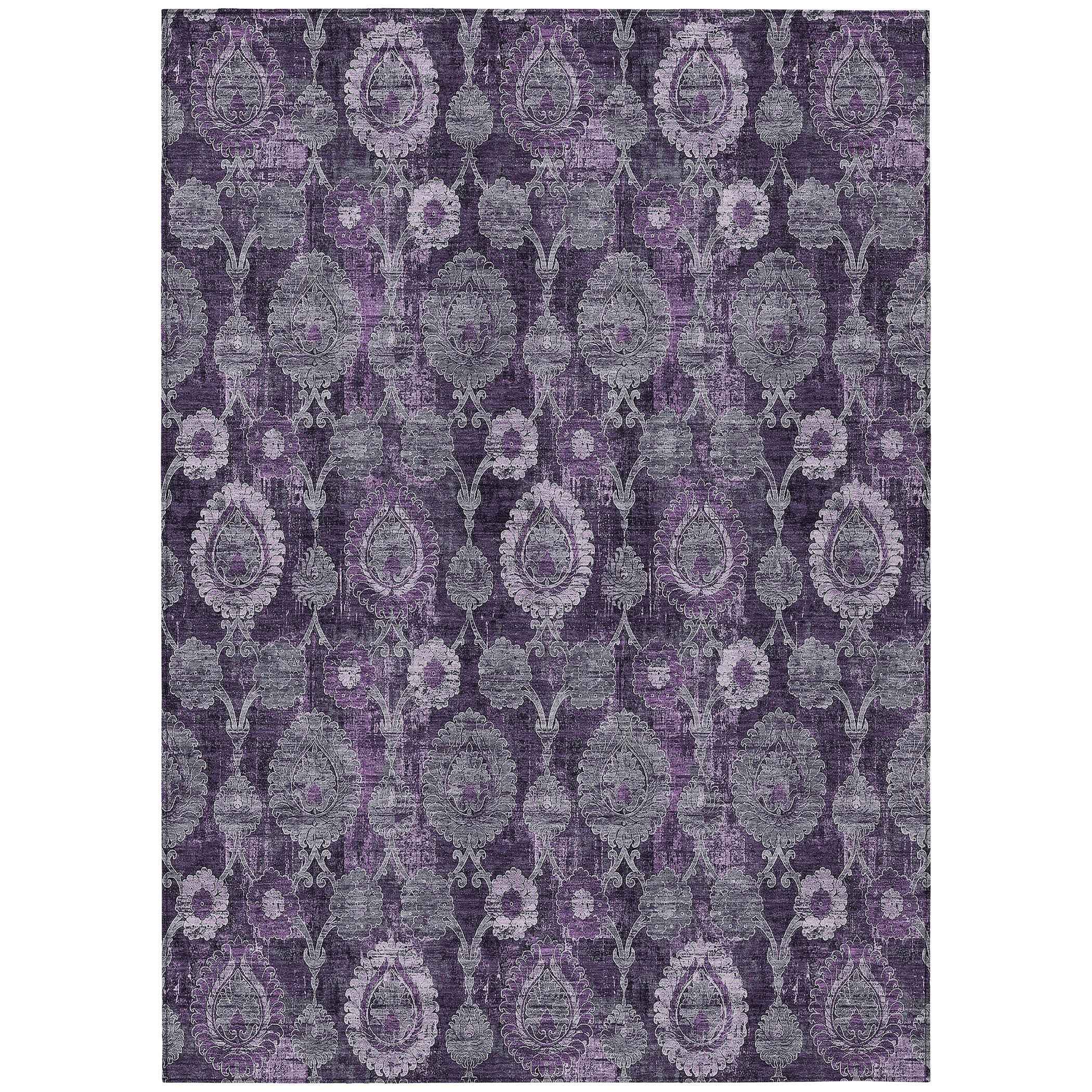 8' X 10' Eggplant Purple And Lavender Damask Washable Indoor Outdoor Area Rug