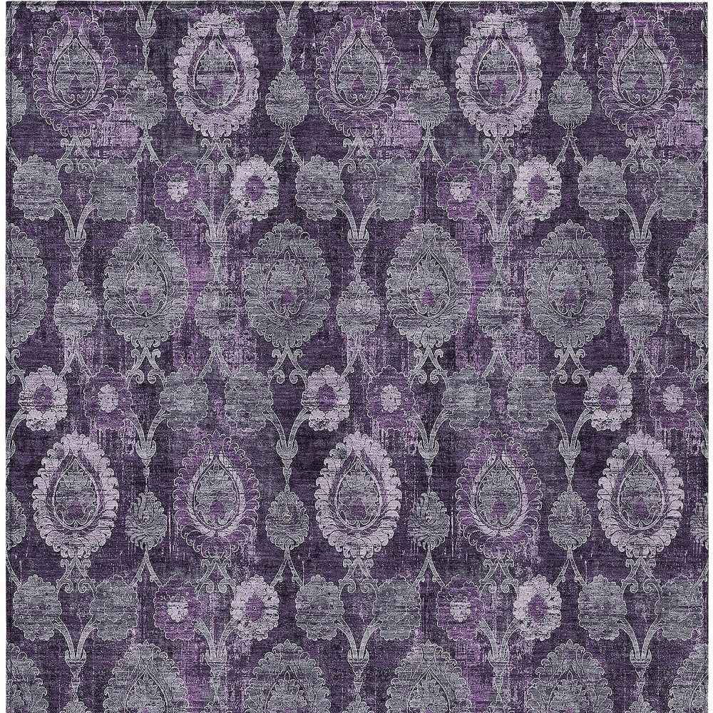 8' X 10' Eggplant Purple And Lavender Damask Washable Indoor Outdoor Area Rug
