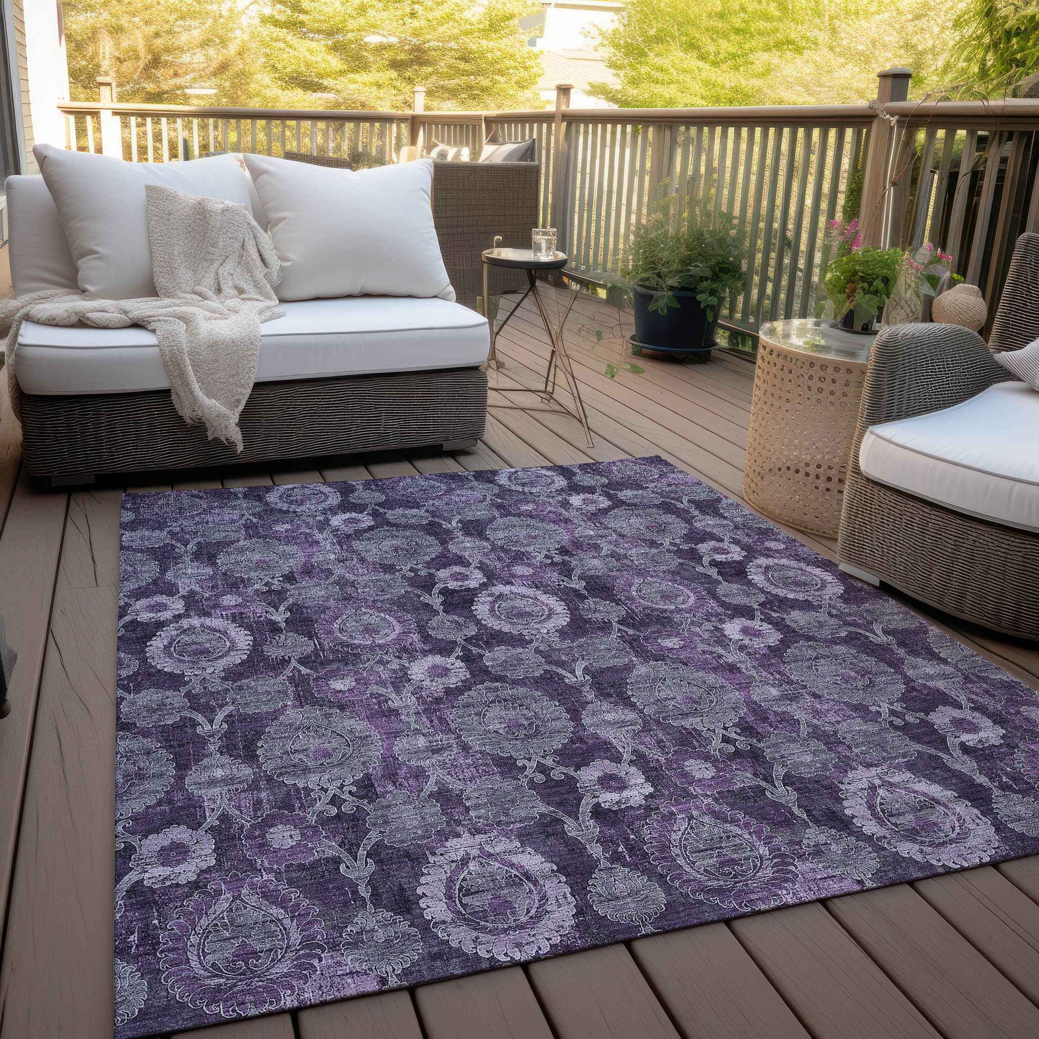 8' X 10' Eggplant Purple And Lavender Damask Washable Indoor Outdoor Area Rug