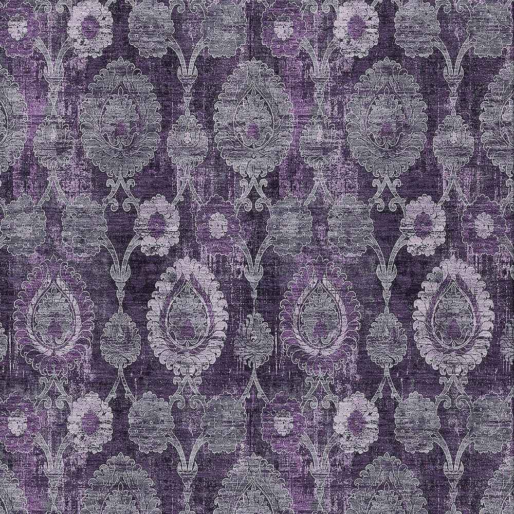 8' X 10' Eggplant Purple And Lavender Damask Washable Indoor Outdoor Area Rug