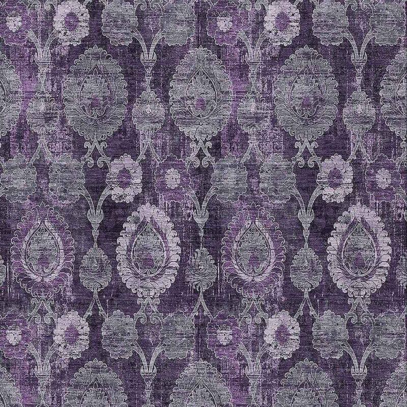 8' X 10' Eggplant Purple And Lavender Damask Washable Indoor Outdoor Area Rug