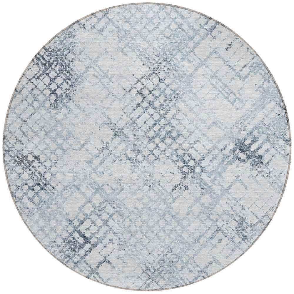 8' Navy Blue And Sky Blue Round Geometric Washable Indoor Outdoor Area Rug