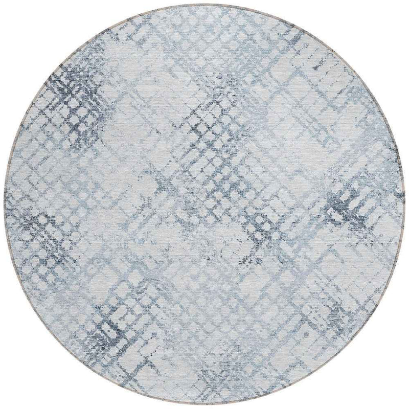 8' Navy Blue And Sky Blue Round Geometric Washable Indoor Outdoor Area Rug