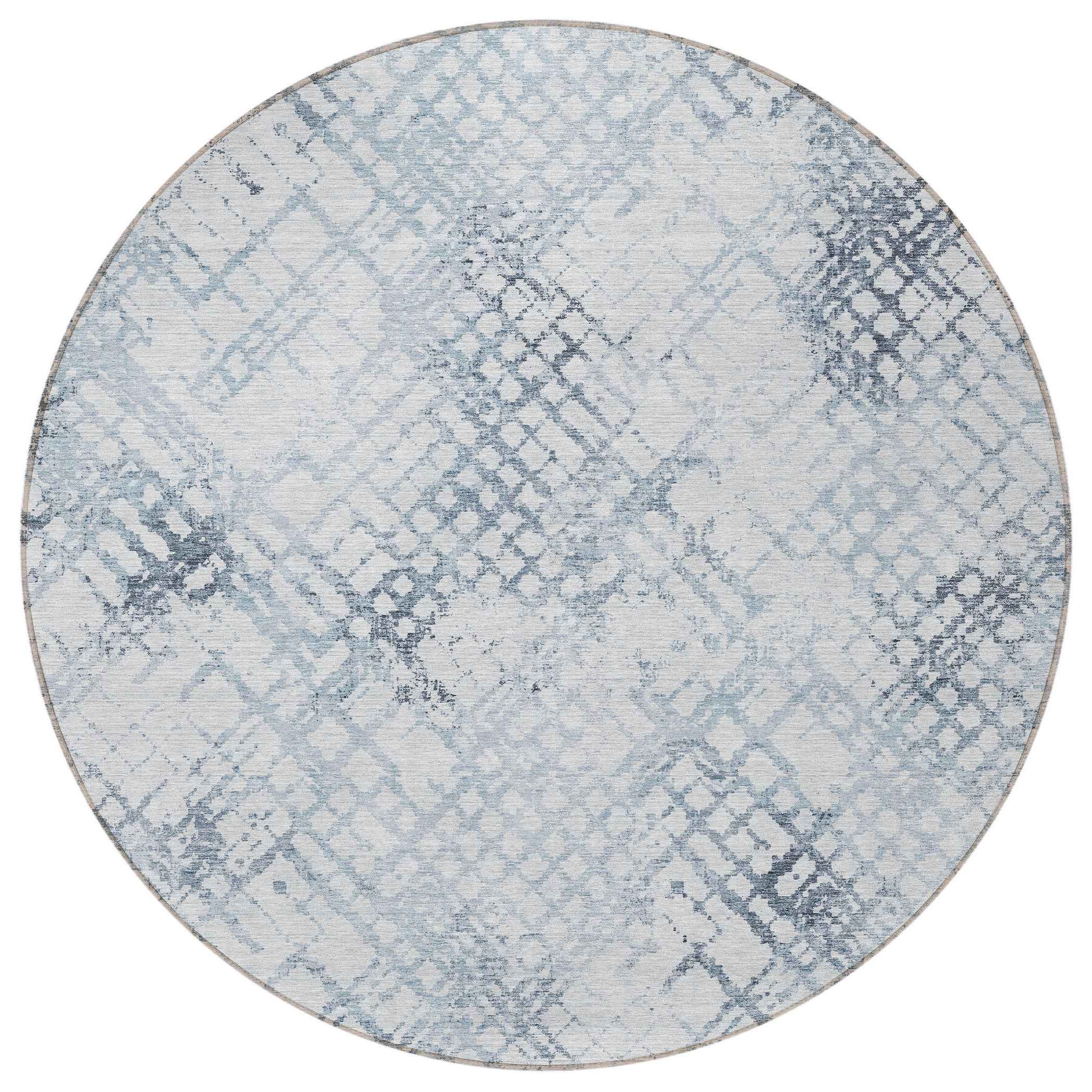 8' Navy Blue And Sky Blue Round Geometric Washable Indoor Outdoor Area Rug