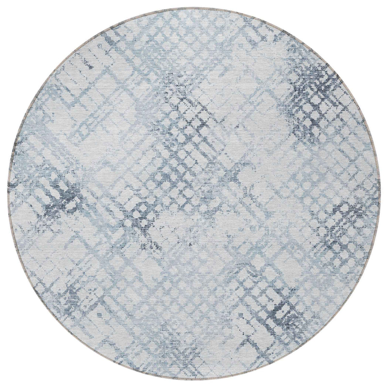 8' Navy Blue And Sky Blue Round Geometric Washable Indoor Outdoor Area Rug