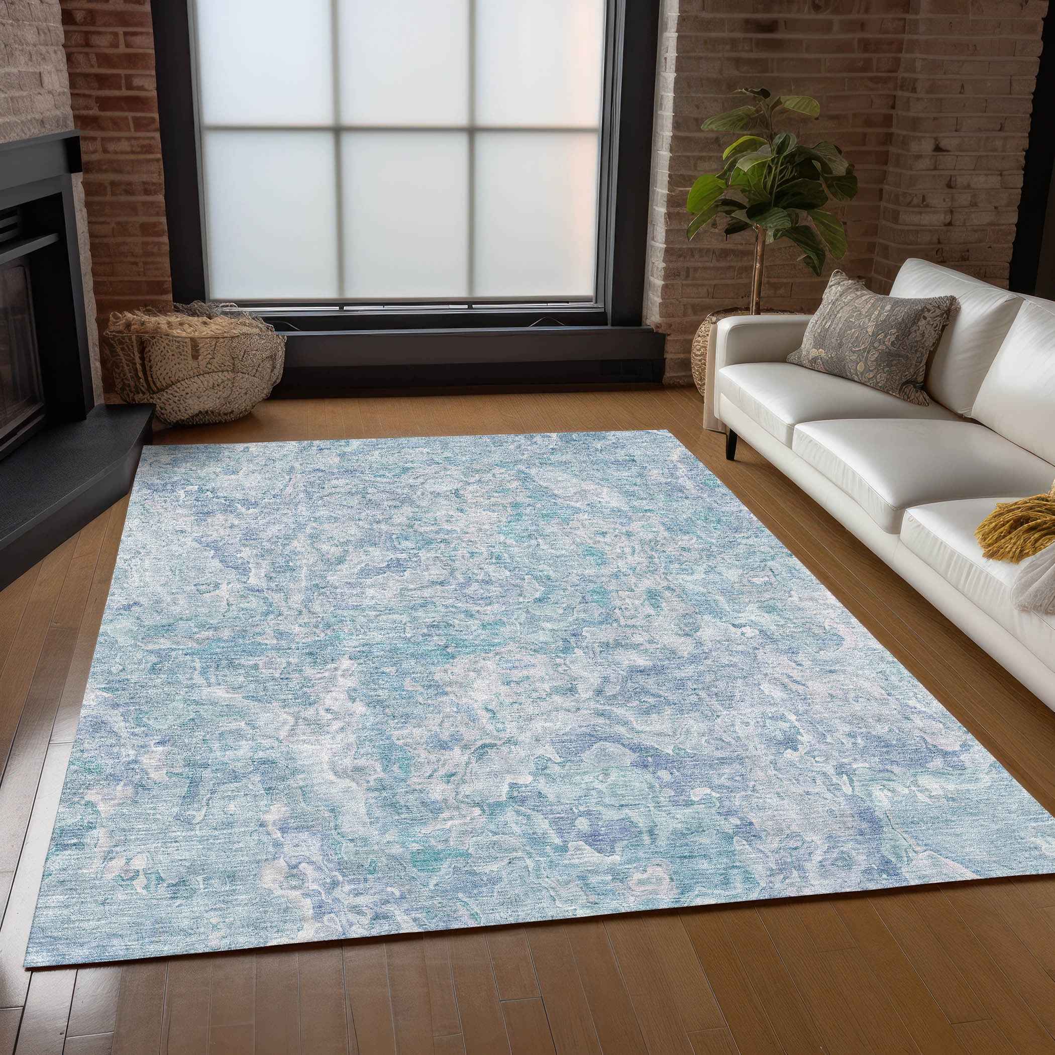 8' X 10' Sky Blue And Denim Blue Abstract Washable Indoor Outdoor Area Rug