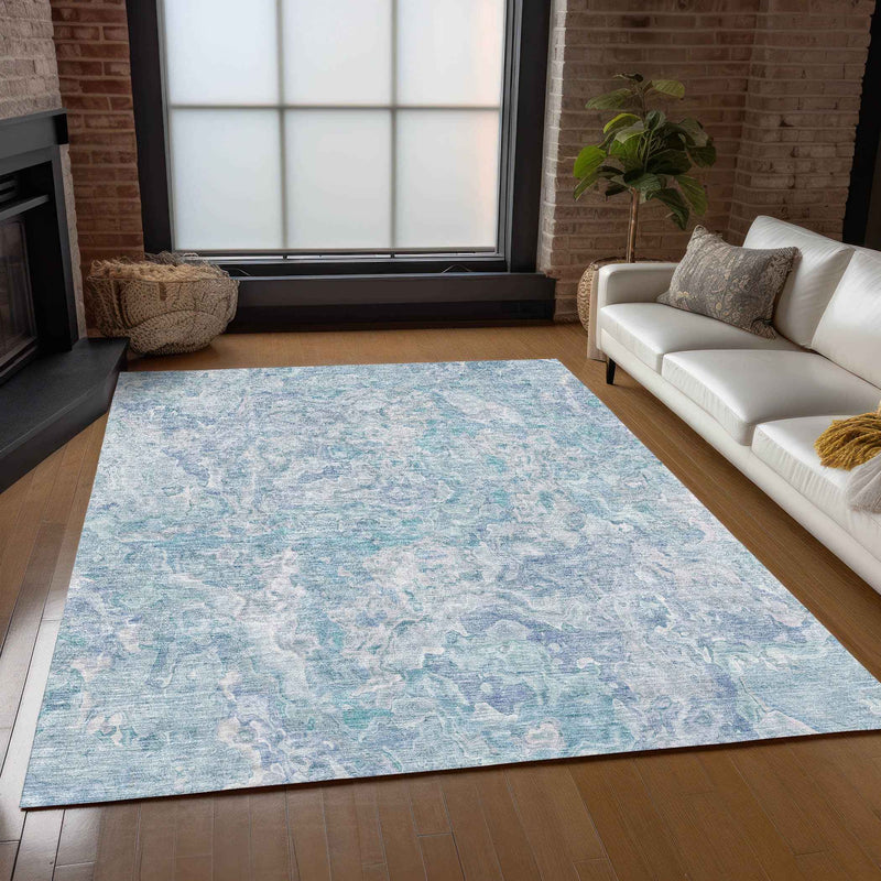 8' X 10' Sky Blue And Denim Blue Abstract Washable Indoor Outdoor Area Rug