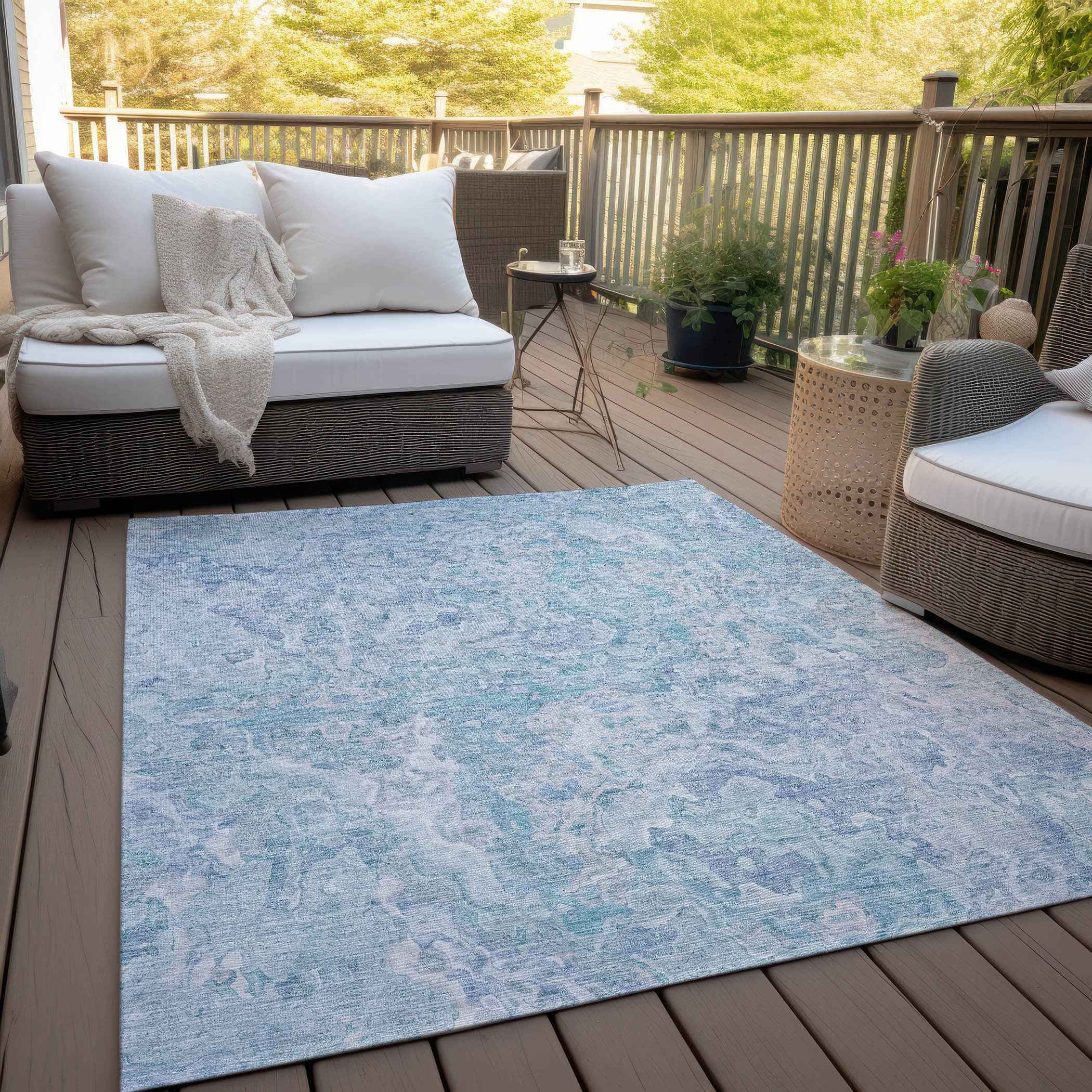 8' X 10' Sky Blue And Denim Blue Abstract Washable Indoor Outdoor Area Rug