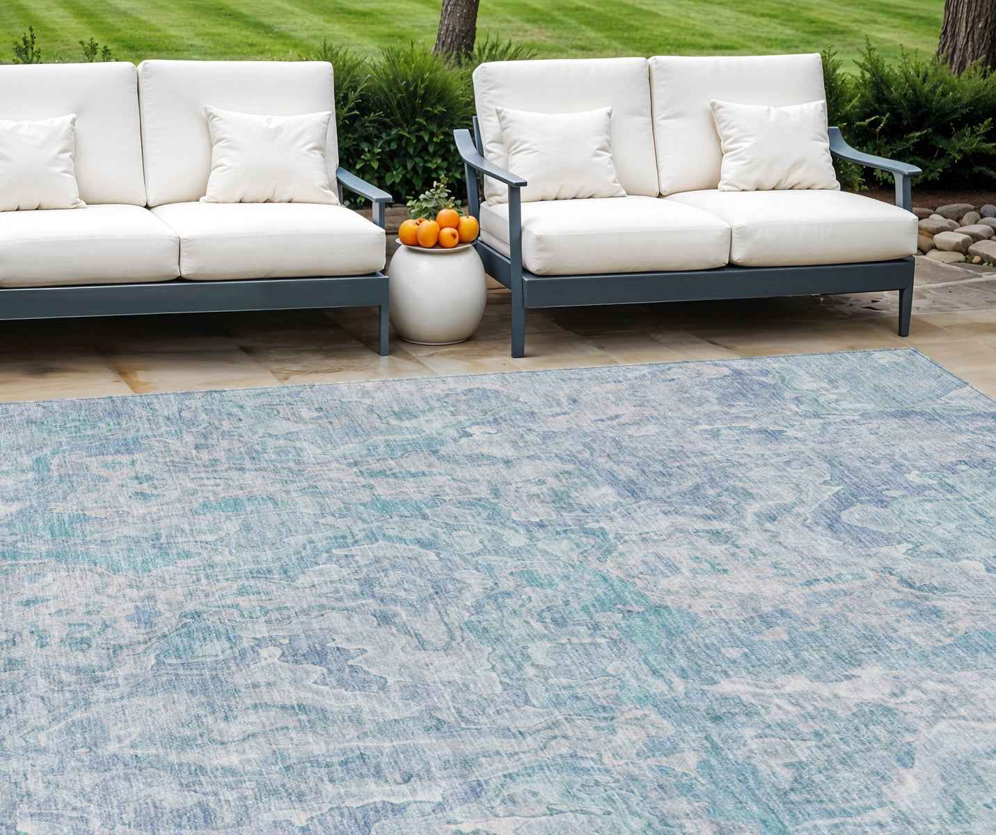 8' X 10' Sky Blue And Denim Blue Abstract Washable Indoor Outdoor Area Rug