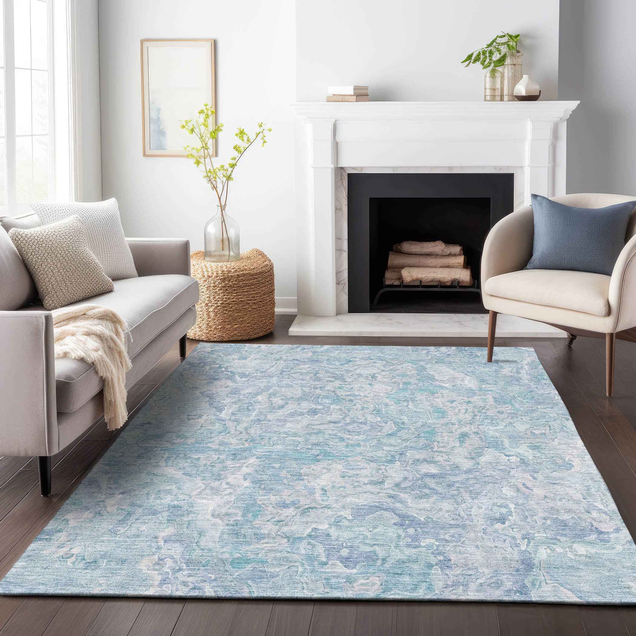 8' X 10' Sky Blue And Denim Blue Abstract Washable Indoor Outdoor Area Rug