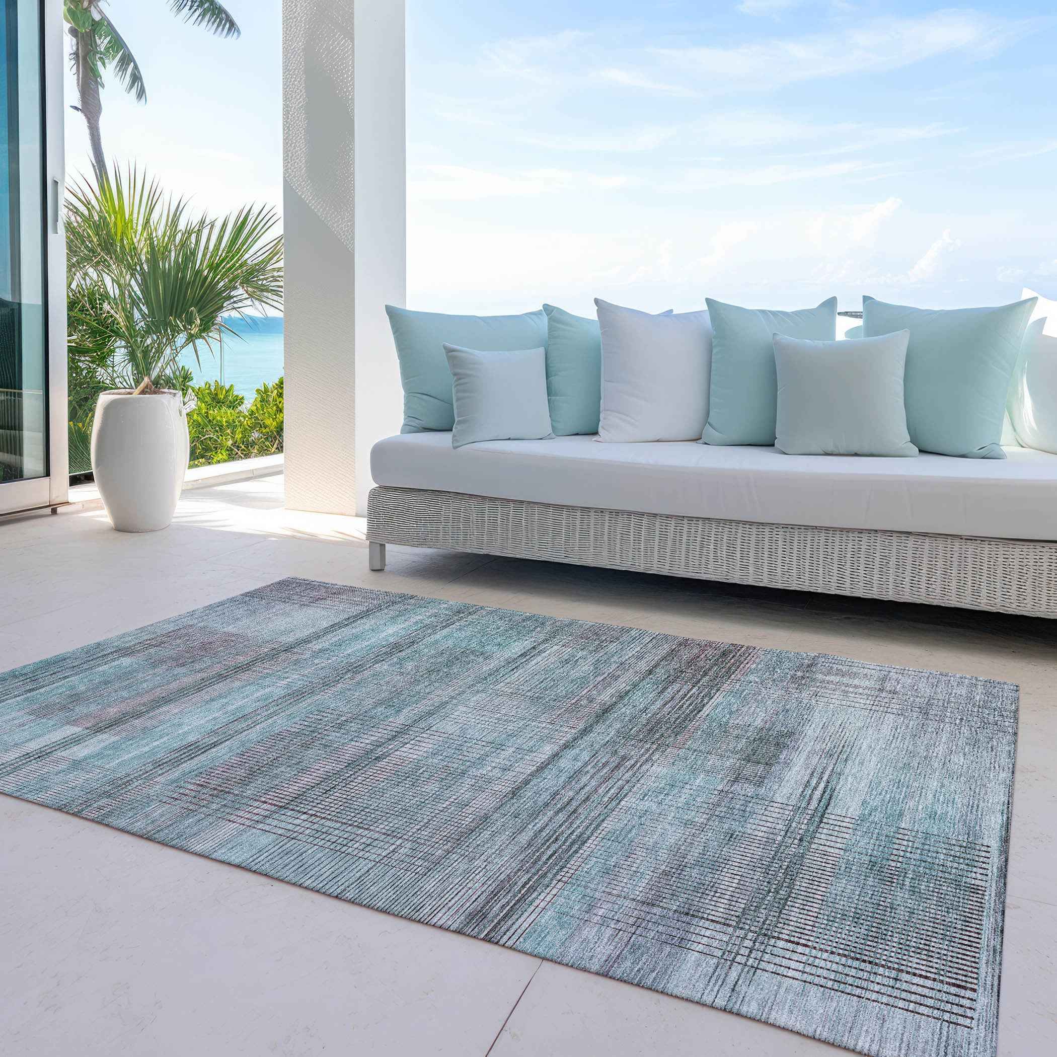 3' X 5' Teal Blue Gray And Charcoal Striped Washable Indoor Outdoor Area Rug