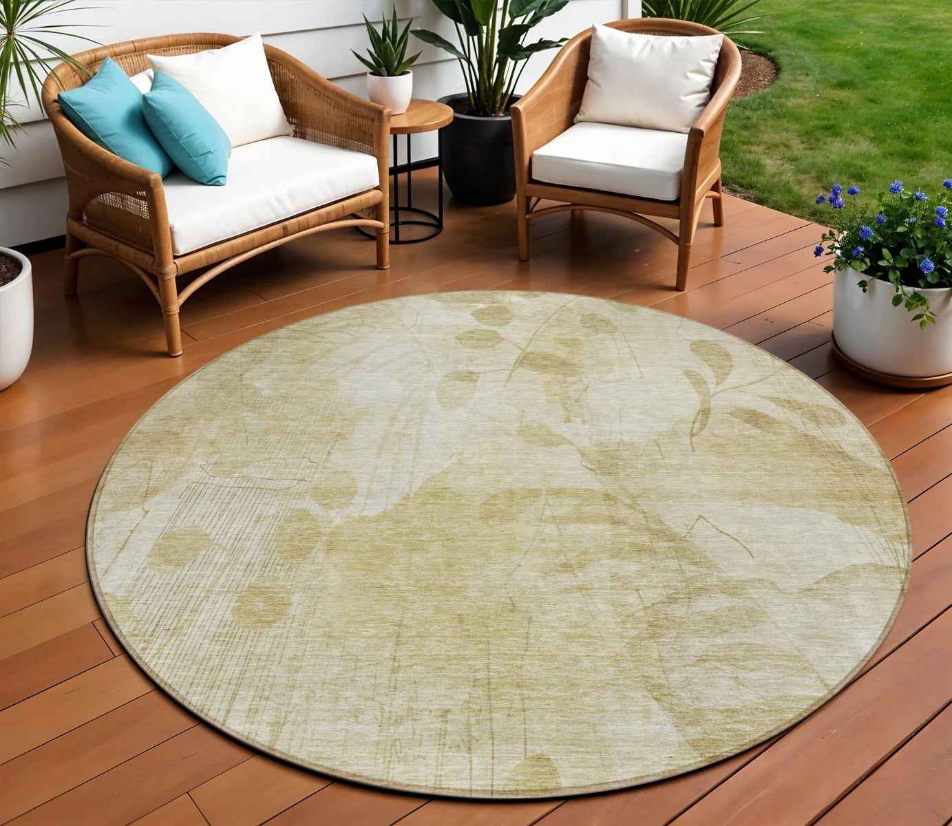 8' Beige Tan And Ivory Round Floral Washable Indoor Outdoor Area Rug