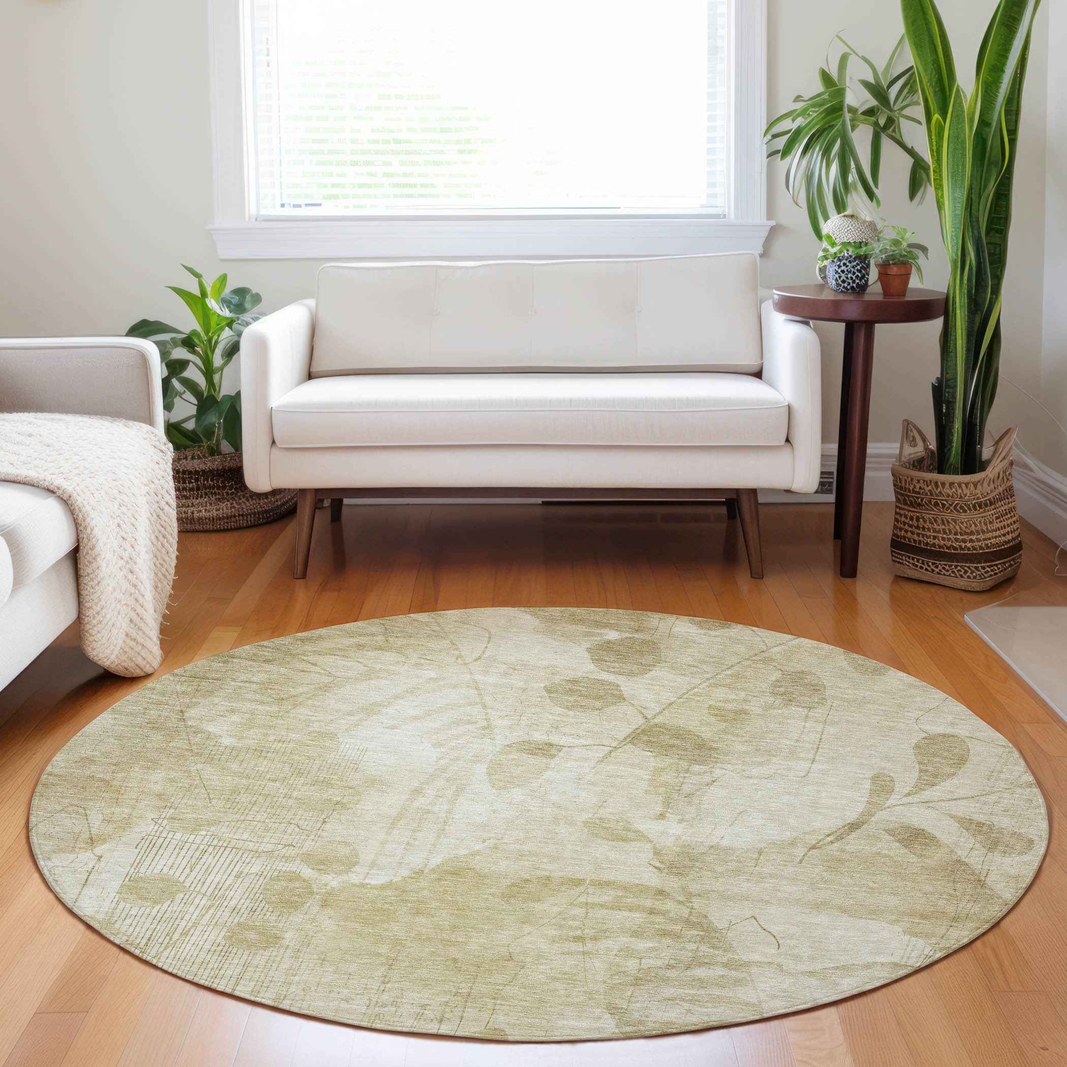 8' Beige Tan And Ivory Round Floral Washable Indoor Outdoor Area Rug