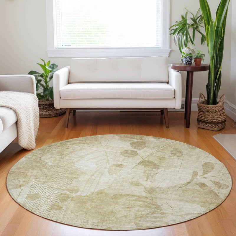 8' Beige Tan And Ivory Round Floral Washable Indoor Outdoor Area Rug