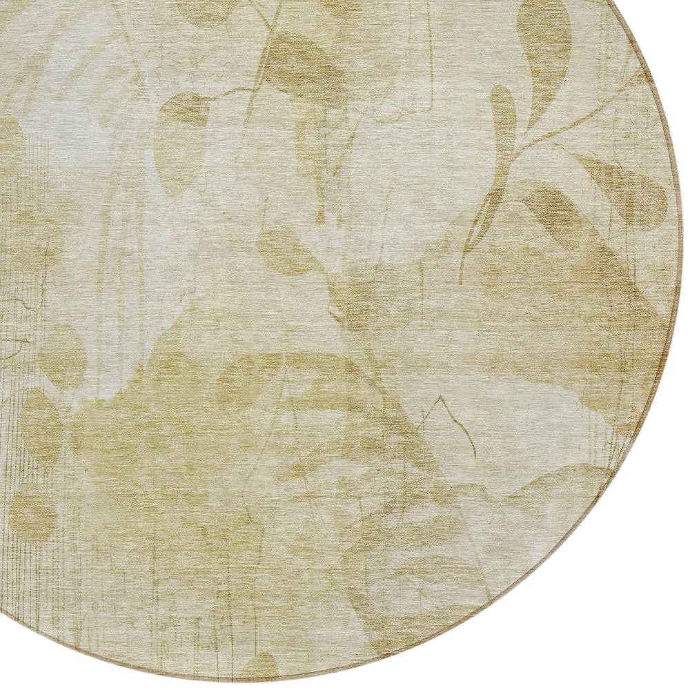 8' Beige Tan And Ivory Round Floral Washable Indoor Outdoor Area Rug