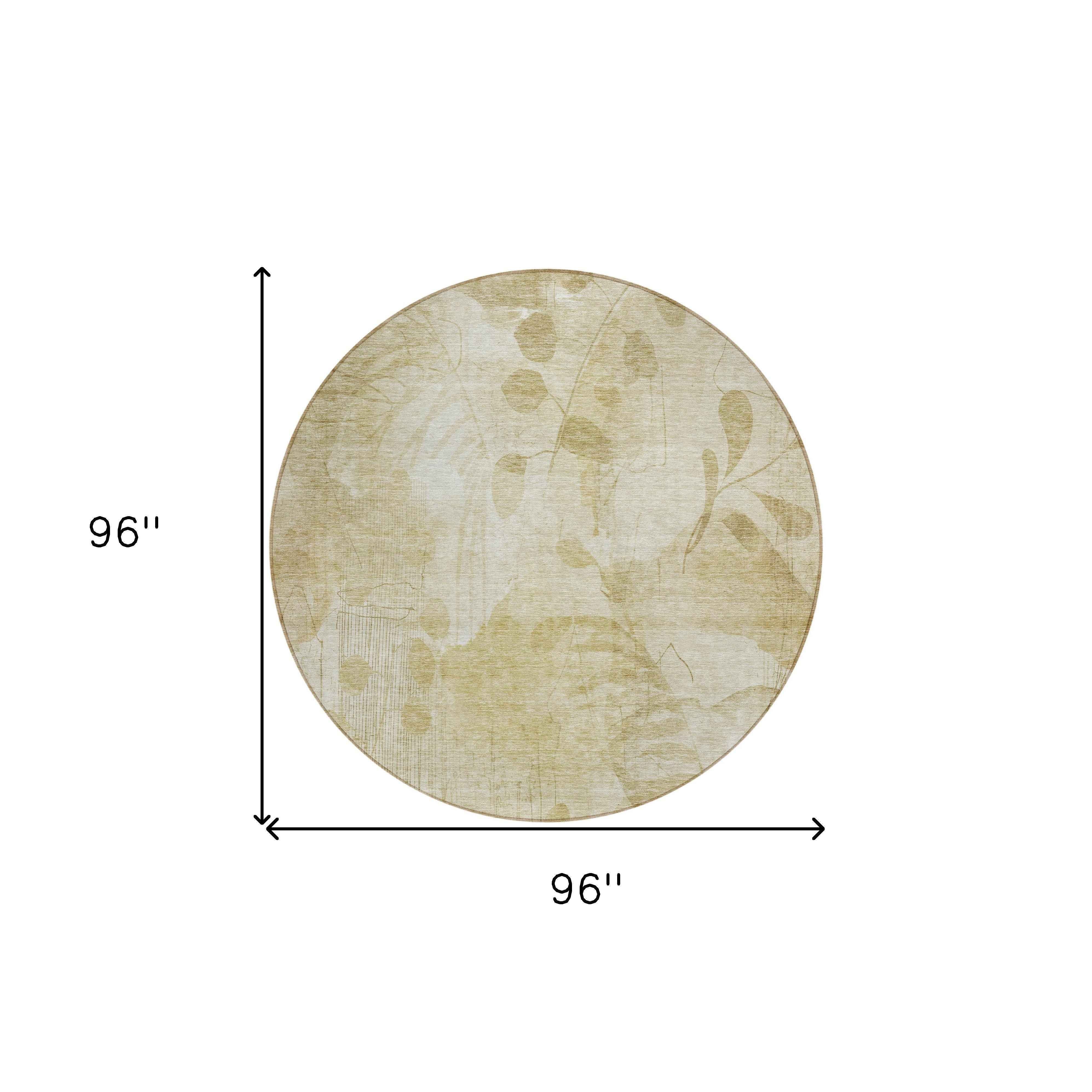 8' Beige Tan And Ivory Round Floral Washable Indoor Outdoor Area Rug