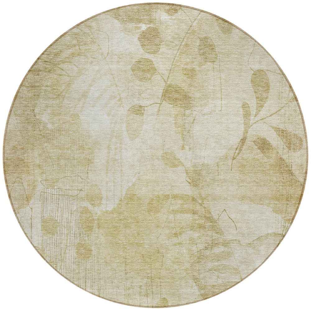 8' Beige Tan And Ivory Round Floral Washable Indoor Outdoor Area Rug