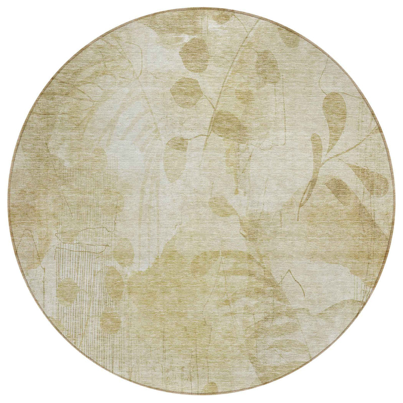 8' Beige Tan And Ivory Round Floral Washable Indoor Outdoor Area Rug