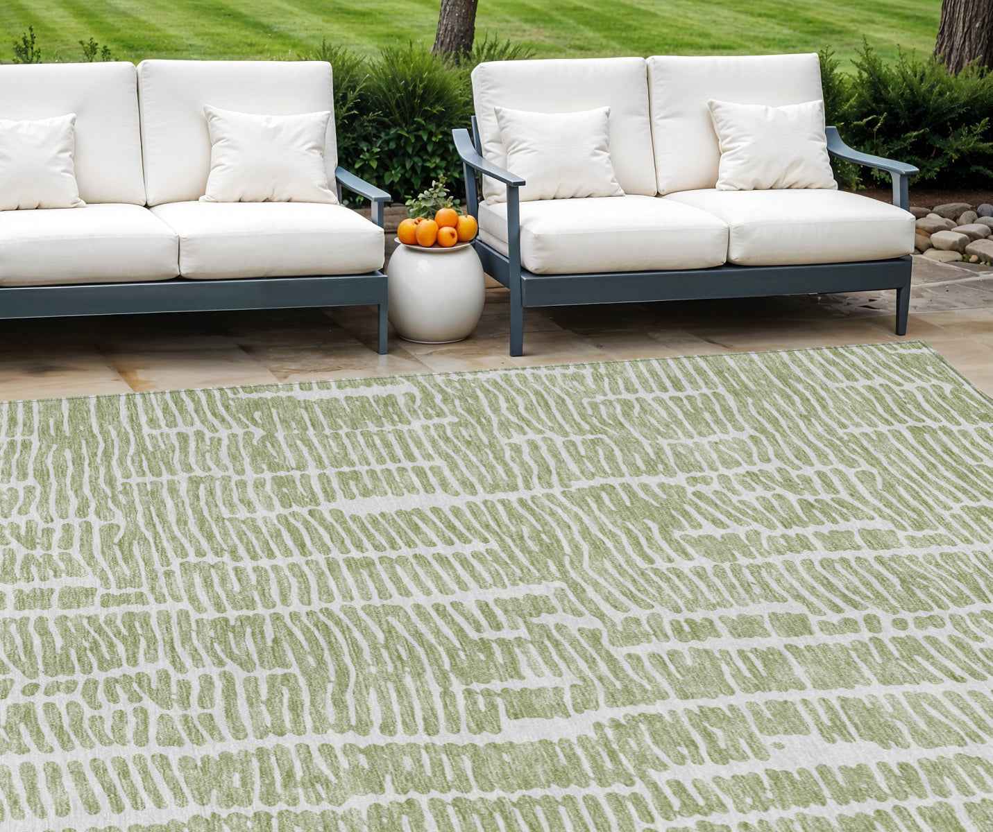 10' X 14' Artichoke Green And Ivory Abstract Washable Indoor Outdoor Area Rug