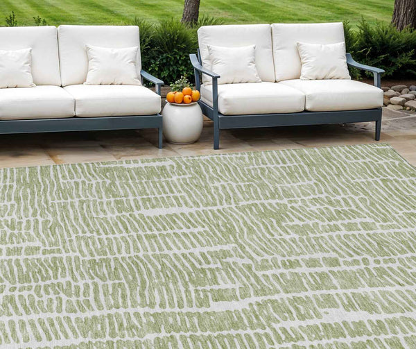 10' X 14' Artichoke Green And Ivory Abstract Washable Indoor Outdoor Area Rug