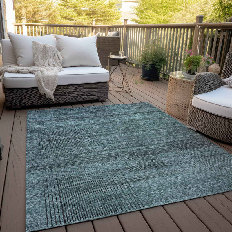 9' X 12' Teal Blue Aqua And Gray Striped Washable Indoor Outdoor Area Rug