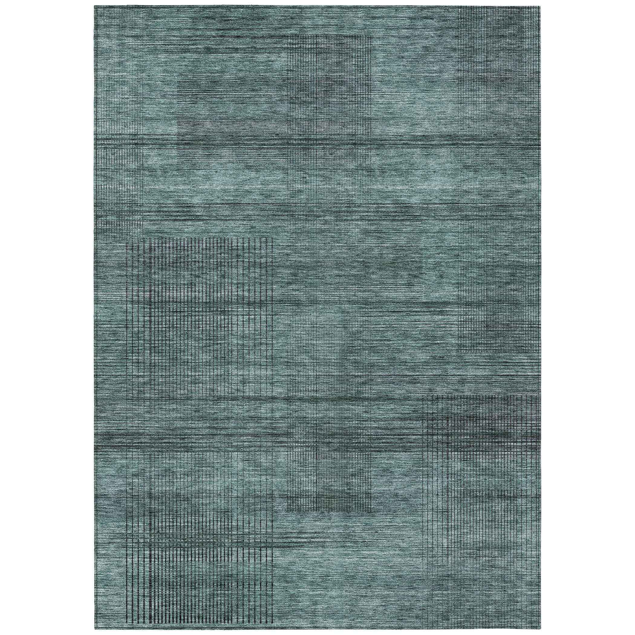 10' X 14' Teal Blue Aqua And Gray Striped Washable Indoor Outdoor Area Rug
